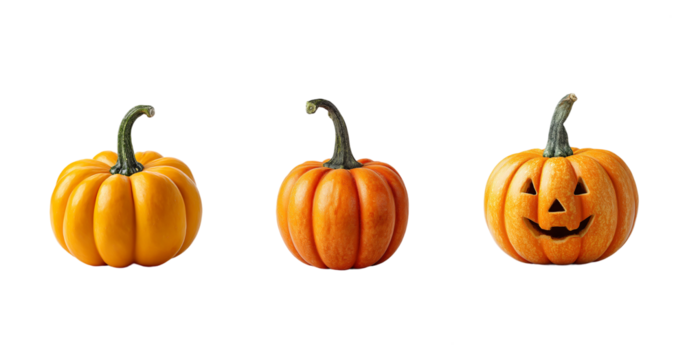 Three pumpkins isolated on a transparent background, showcasing autumn vibes and Halloween spirit, perfect for seasonal decorations and festive themes - Powered by Adobe