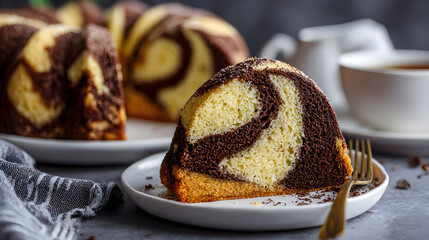A beautifully swirled bundt cake, showcasing rich chocolate and buttery vanilla layers, sits elegantly on a white plate. A cup of tea nearby complements this delightful dessert, perfect for sharing!