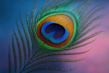 Obraz premium A vibrant peacock feather in full bloom against a gradient blue background