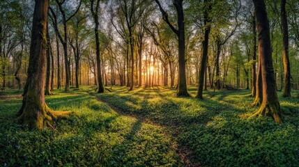 Sunlit Forest Pathway In Spring