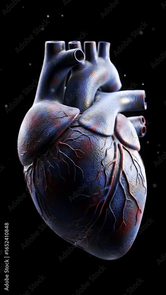 Poster detailed anatomically accurate heart on black background with precise texture and realistic detailin