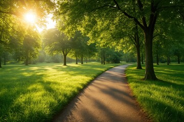 Fototapeta premium A serene pathway through a lush park bathed in the golden glow of sunrise