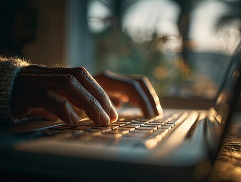 and keyword list based on the image you provided

 Person Typing on Laptop, Hands Close-Up, at a Table with Blurred Window View