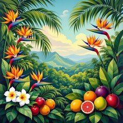 Tropical background with exotic fruits and flowers.