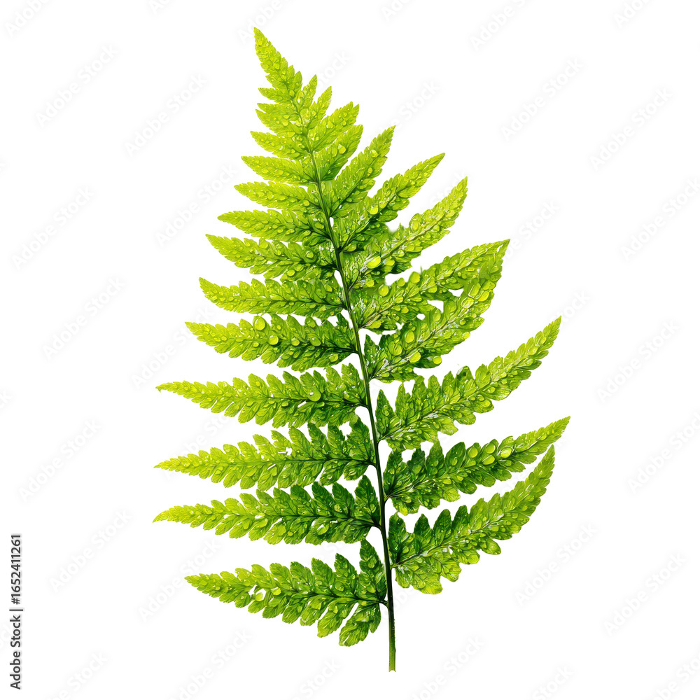 Poster fresh green fern leaf showcasing intricate patterns and textures illuminated by soft light on a whit