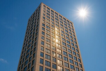 Obraz premium Amidst the azure expanse of the sky, a modern skyscraper stands tall, its reflective glass facade gleaming under the radiant sunlight