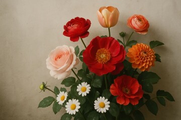 red roses, orange dahlias, and pink ranunculus in a green vase against a textured beige backdrop