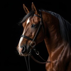 Fototapeta premium Detailed profile of a warmblood dressage horse against a dark studio background, focus on flowing mane and muscle definition, no people,Generative Ai 