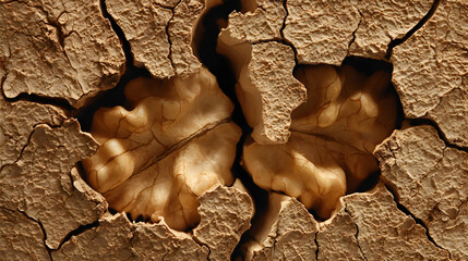 A close-up, abstract image of a walnut kernel appearing to grow from dry, cracked earth.