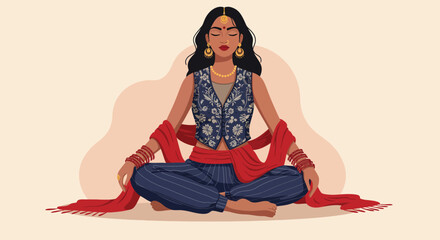 Serene indian woman in meditation pose, embodying peace, spirituality, and traditional culture through yoga and mindful practice in a modern artistic design