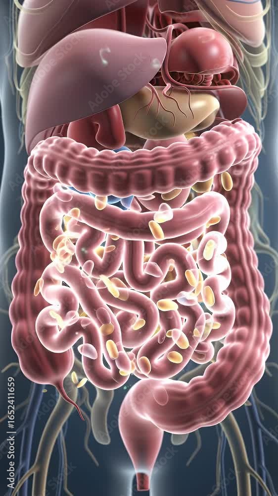 Poster detailed human abdomen organs view featuring liver intestines and stomach in translucent rendering s