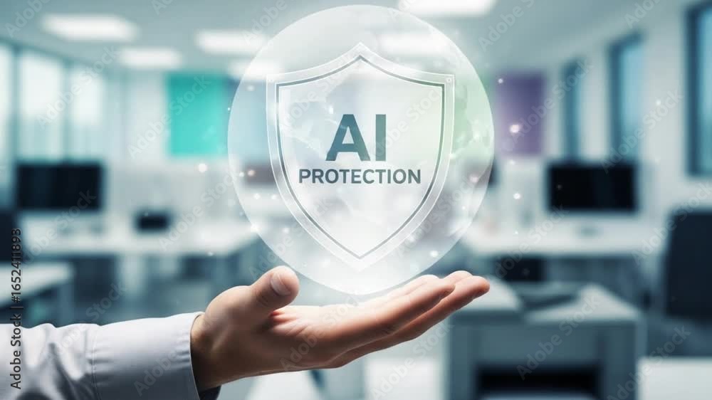 Poster hand holding ai protection shield in office setting with computers and windows in the background