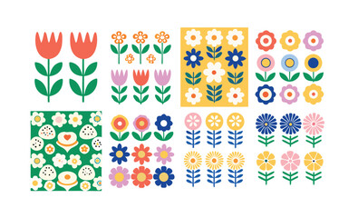 A creative bouquet illustration combining large stylized tulips, daisies, and fantasy blossoms arranged in abstract forms with balanced symmetry and rhythm.