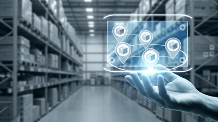 Hand holding digital interface with package location icons in a warehouse setting with shelving - Powered by Adobe