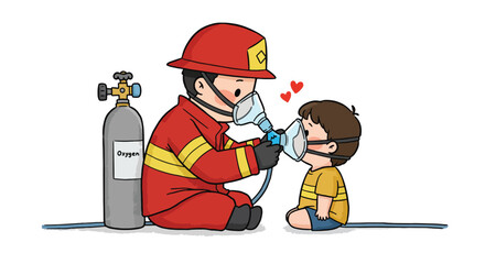 Firefighter Providing Oxygen to Child with Care