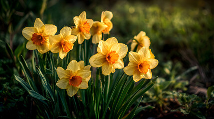 A cluster of vibrant yellow daffodils blooms on lush green grass, bathed in soft golden sunlight. Their cheerful faces stand tall, creating a serene and uplifting scene in early spring.