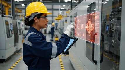 Female Industrial Worker Using Augmented Reality Tablet - A female industrial worker in a factory setting uses a tablet with an augmented reality interface to monitor and control machinery. - Powered by Adobe