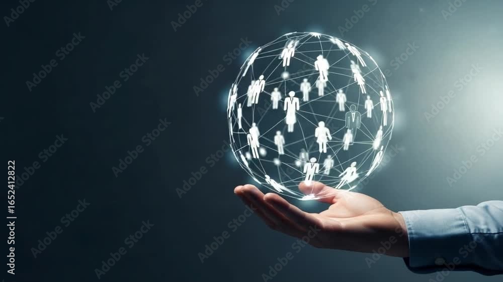 Poster hand holding glowing sphere with people connected by lines on a dark background image view