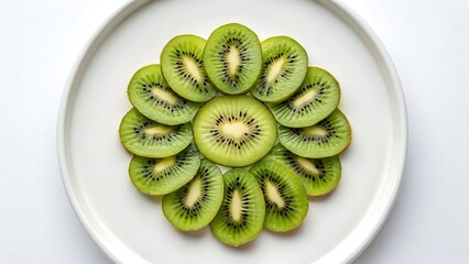 Fresh kiwi slices on a plate in a floral pattern. Perfect for food blog, restaurant menu, or healthy eating concept.