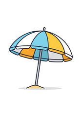 A colorful striped beach umbrella with blue, yellow, and white panels, illustrated in a simple cartoon style on a white background.
