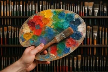 A hand holding a palette with paint on it in front of a shelf full of brushes