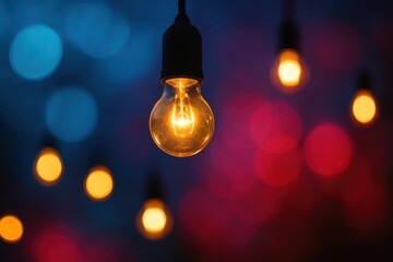 A single glowing bulb stands out against a backdrop of twinkling lights