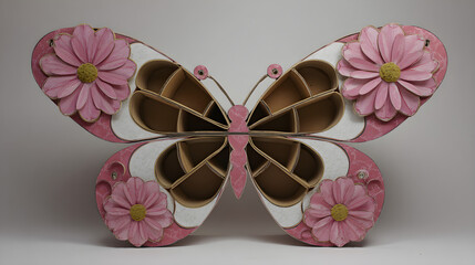 A delightful butterfly-shaped bookshelf made from cardboard features pink flower accents and a whimsical design. Perfect for children's rooms, it offers fun and creative storage for books and toys.