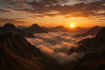 A Majestic Mountain Range Awakens to a Sunset of Orange Hues