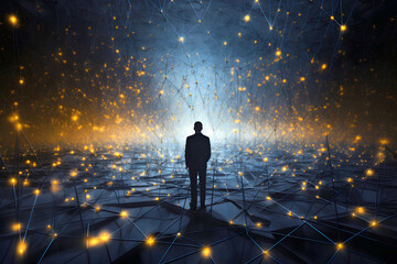 Exploring a digital landscape of interconnected data points in a futuristic environment