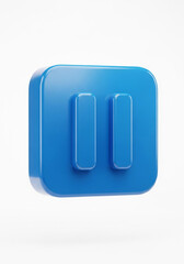 A glossy blue 3D pause button icon with two vertical bars on a white background.