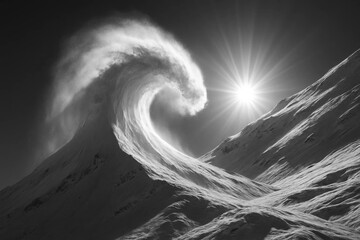 Amidst the stark contrast of black and white, a wave of ethereal beauty crashes over rugged mountains, illuminated by the radiant glow of a distant sun