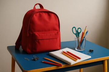A Red Backpack with Essential Supplies on a Blue Desk