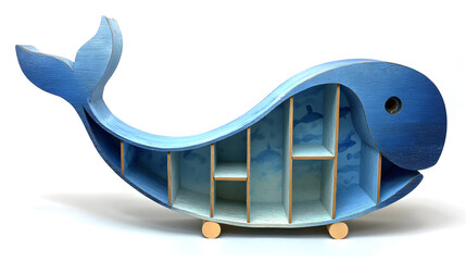 A delightful whale-shaped bookshelf made from cardboard features a playful design in shades of blue. It includes several cubbies for storage, adding a cheerful nautical theme to any child's room.