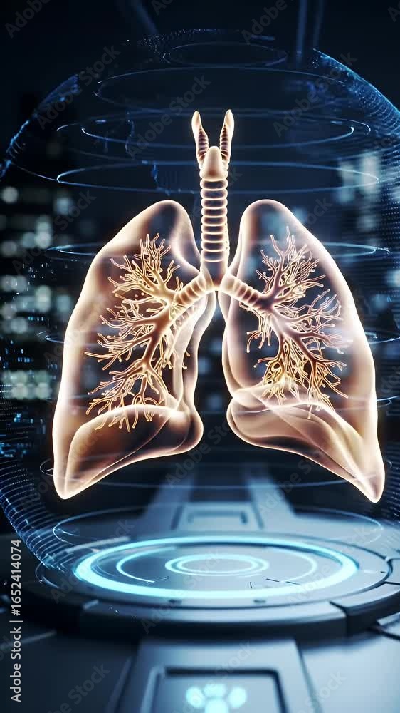 Poster dynamic holographic display of human lungs rotating against cellular structures with shifting colors
