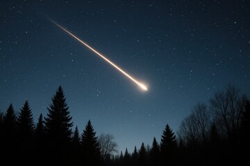 A lone comet streaks across the night sky, casting a glow on the dark forest below
