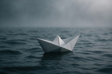 A lone paper boat navigates the vast ocean under a somber sky
