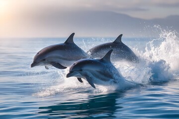 Three dolphins leap from the ocean.