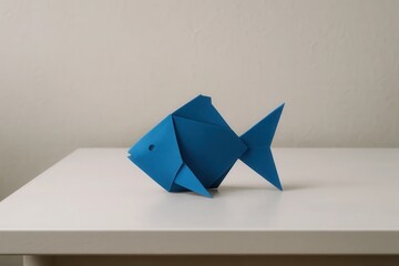 A solitary blue origami fish rests on a pristine white surface, its geometric simplicity echoing the tranquility of nature