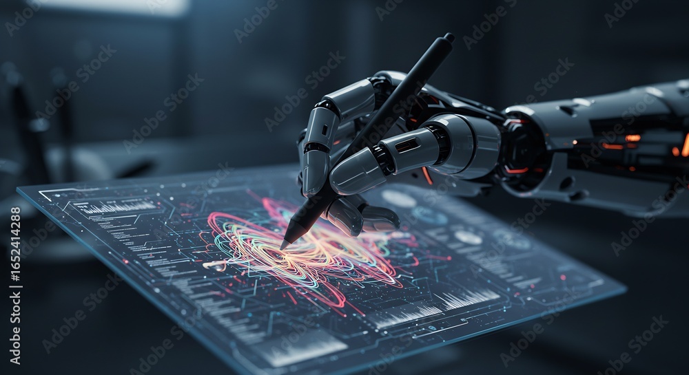 Aufkleber futuristic robotic hand drawing on a digital tablet, conceptual ai and technology illustration with 