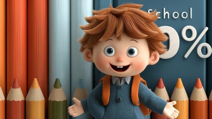 3D illustration of a child with a backpack surrounded by colorful pencils and the text "School 50%" highlighting discounts or promotions related to school supplies or education. - Powered by Adobe