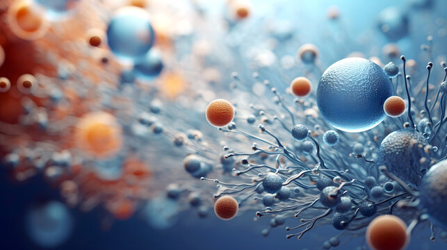 Colorful depiction of microorganisms interacting in a vibrant environment - Powered by Adobe
