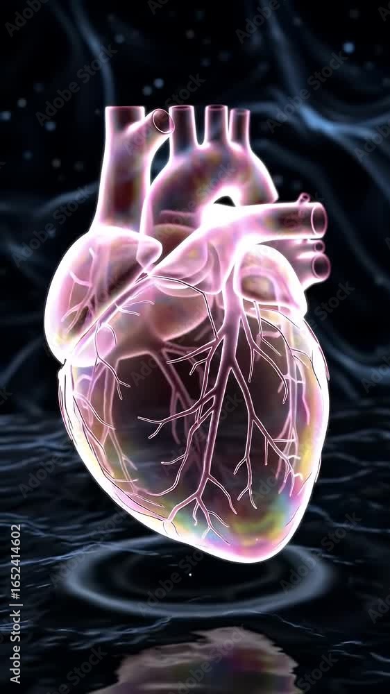 Poster dynamically pulsating transparent anatomical heart with shifting colors from teal to deep violet, ag