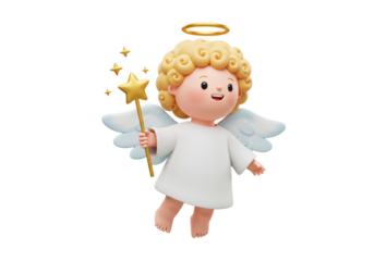 Isolated 3D Render of a Cute Flying Baby Angel with Halo and Star Wand, Symbolizing Purity and Divinity