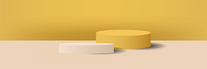 Realistic yellow, white 3D round podium background with palm leaf, arch backdrop wall scene. Minimalist mockup pedestal, Abstract product display presentation, Stage showcase.