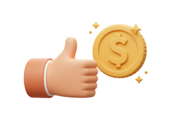 Isolated 3D Render of a Hand Giving a Thumbs Up Gesture Next to a Gold Dollar Coin, Symbolizing Financial Approval and Success