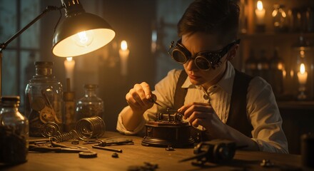 Steampunk Inventor Working on a Mechanical Device, Illuminated by Lamp and Candles, in a Dimly Lit Workshop, with Goggles and Historical Aesthetic