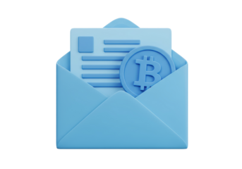 Isolated Blue Envelope with Bitcoin Coin and Document 3D Render