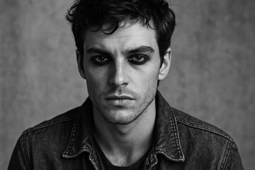 Obraz premium In the monochrome realm of this portrait, a young man stands with an air of quiet intensity, his gaze meeting ours in a silent dialogue