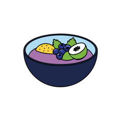 Vibrant blueberry smoothie bowl topped with fresh tropical fruits and mint leaves