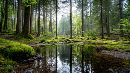 Obraz premium Beautiful forest background for screensaver. with sunbeams. Calm close-up of fairytale forest and nature landscape, panorama. Summer vacation, holiday, amazing nature.